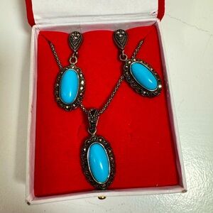 Vintage Italian Turquoise Necklace and Earrings Sterling Silver Marcasite